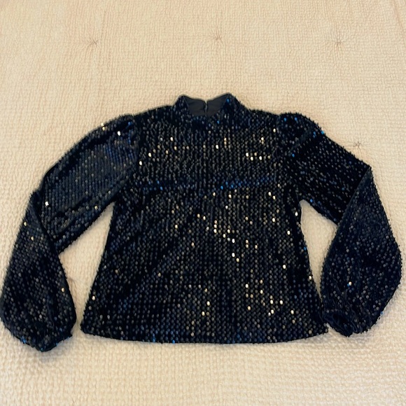 Sanctuary All Nighter Black Sequin Mock Neck Zipper Blouse Top Size M - Picture 2 of 6